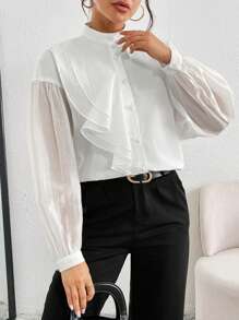 SHEIN EZwear Blusa holgada de unicolor con manga abullonada informal para mujer