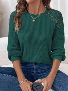 EMERY ROSE Damen lässiges Rundhals Langarm T-Shirt mit Lace Patchwork und strukturierter Waffel-Optik - Grün - Übersicht 4