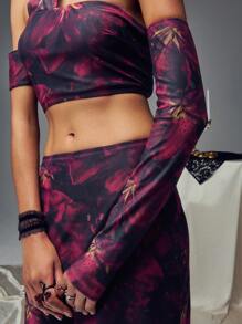 SHEIN Unity 黑色背景不对称袖短款花卉印花上衣 - 彩色 - 查看 7