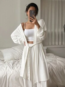 DAZY Minimalist Soft Loungewear Set: Straight Leg Pants & Belted Robe, Fall Winter Clothes Pajama - White - View 7