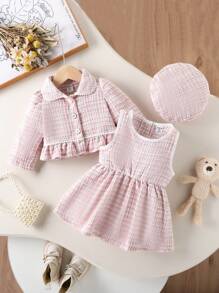 Souflis Souflis Dziewczęcy słodki kraciasty długi rękaw z falbaniastym brzegiem kurtka i sukienka zestaw z czapką, ubrania na wiosnę/jesień