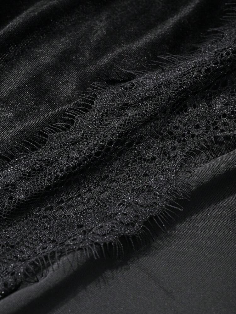 Women's Lace & Velvet Patchwork Loose Long Robe, Autumn/Winter, For Fall Pajama