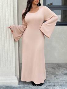 SHEIN Frenchy Plus Size Women's Square Neck Flare Sleeves Waist Cinched Long Dress - Apricot - View 6