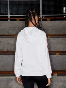 SHEIN Sports Women's Hooded Drawstring Pocket Letter & Striped Printed Long Sleeve Sweatshirtwinter Women Tops - White - View 2