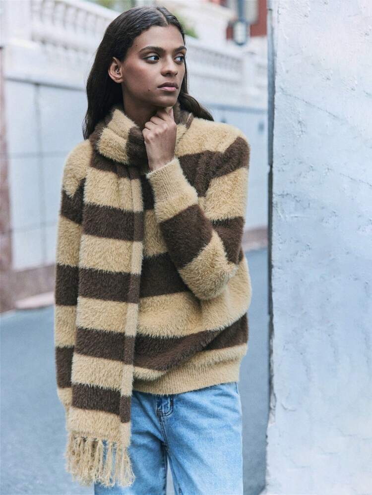SHEIN Maija 女性用 秋冬 ブラウン カーキ ストライプ柄 タートルネック 長袖 セーター
