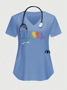 SHEIN TaskFit Áo sơ mi cổ chữ V tay ngắn in hình trái tim đơn giản - Màu xanh nhạt - Xem 1