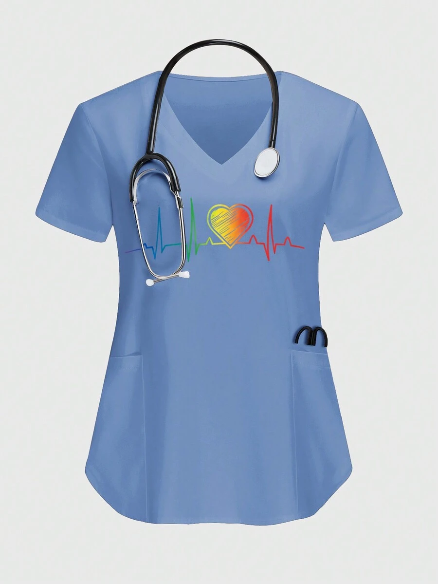 SHEIN TaskFit Áo sơ mi cổ chữ V tay ngắn in hình trái tim đơn giản - Màu xanh nhạt - Xem 1