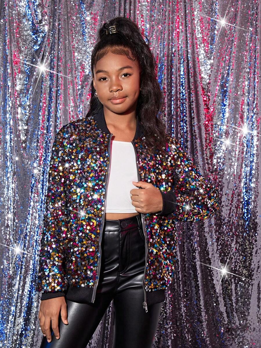 SHEIN Tween Girls Pearl Embellished Round Neck Long Sleeve Casual Jacket, Autumn/Winter - Multicolor - View 1