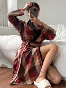 DAZY Plaid Patchwork Velvet Fabric Loose Long Sleeve Bathrobe Fall,Winter Pajama - Brown - View 4