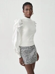 Chiquease Turtleneck Shiny Fabric Balloon Sleeve Form-Fitting Knit Sweater Knit Pullover Fall Winter Outfit