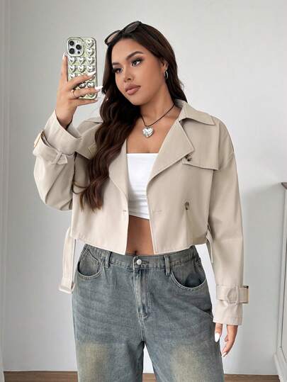 SHEIN EZwear Plus Size Retro Dropped Shoulder Loose Turndown Collar Short Trench Coat With Buckle Belt Crop Tops Winter Fall Autumn