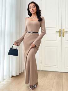 Modelyn Damen elegantes Sweater-Kleid mit Unifarben Rundhalsausschnitt, Glockenärmeln, Wellensaum und Fishtail-Saum - Braun - Übersicht 6