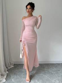 SHEIN PETITE Elegant Romantic Draped Drawstring Asymmetric Neck Long Sleeve Dress For Women Maxi Women Outfit