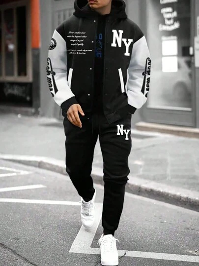 2pcs/Set Teen Boy Contrast Color Patchwork Print Jacket & Sweatpants Set, Autumn Winter, School, Campus, College