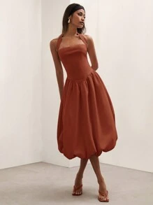 COSMINA Woman's Solid Color Neck Halter Pleated Casual Mid-Length Dress - Burgundy - View 5