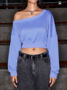 SHEIN Sports Women Solid Color Asymmetric Collar Long Sleeve Everyday Fitness Cropped Sweatshirtwinter Women Tops,Women's Fall & Winter Outdoor T-Shirt - Blue - View 4