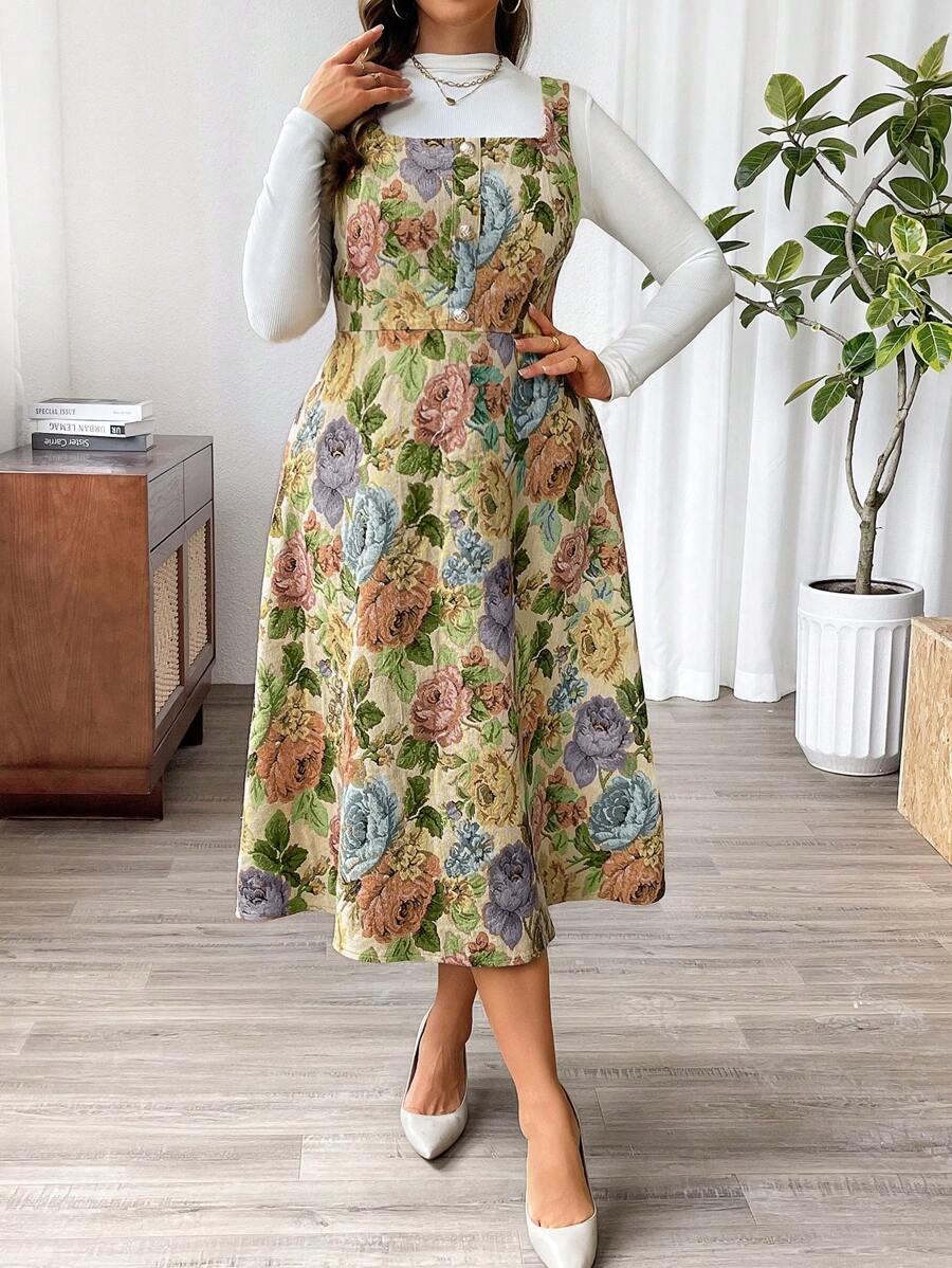 Franclia Plus Size Front Button Floral Print Cinched Waist A-Line Long Casual Dress - Apricot - View 1