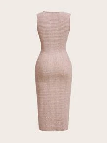 Slaydiva 2pcs V-Neck Midi Knit Dress And Long Cardigan Set - Beige - Apricot - View 4