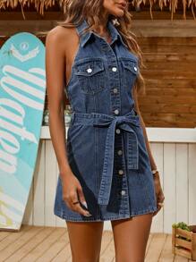 Breezaya Đầm yếm denim thắt eo đơn hàng khuy cho nữ, mùa hè - Rửa tối - Xem 5