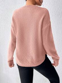 Chiquease 纯色圆领长袖简约套头毛衣，休闲日常穿着拉玫瑰优雅毛衣粉色毛衣女士