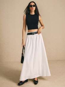Poéselle Women's White Long Skirt With Belts Solid Color Pleated A-Line Skirt, Casual Daily Wear