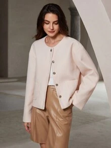 EMERY ROSE Vintage Elegant Round Neck Short Metallic Button Pocket Jacket Fall Cloth For Women - Apricot - View 6
