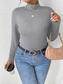 SHEIN PETITE CURVE T-shirt ajusté à manches longues col montant de couleur unie pour femmes en tailles plus