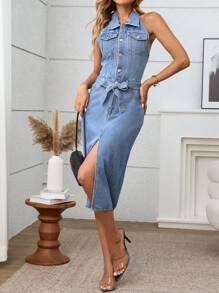 SHEIN LUNE Vestido de verano casual de mujer de mezclilla con escote de halter abotonado y espalda descubierta - Azul - Ver 6