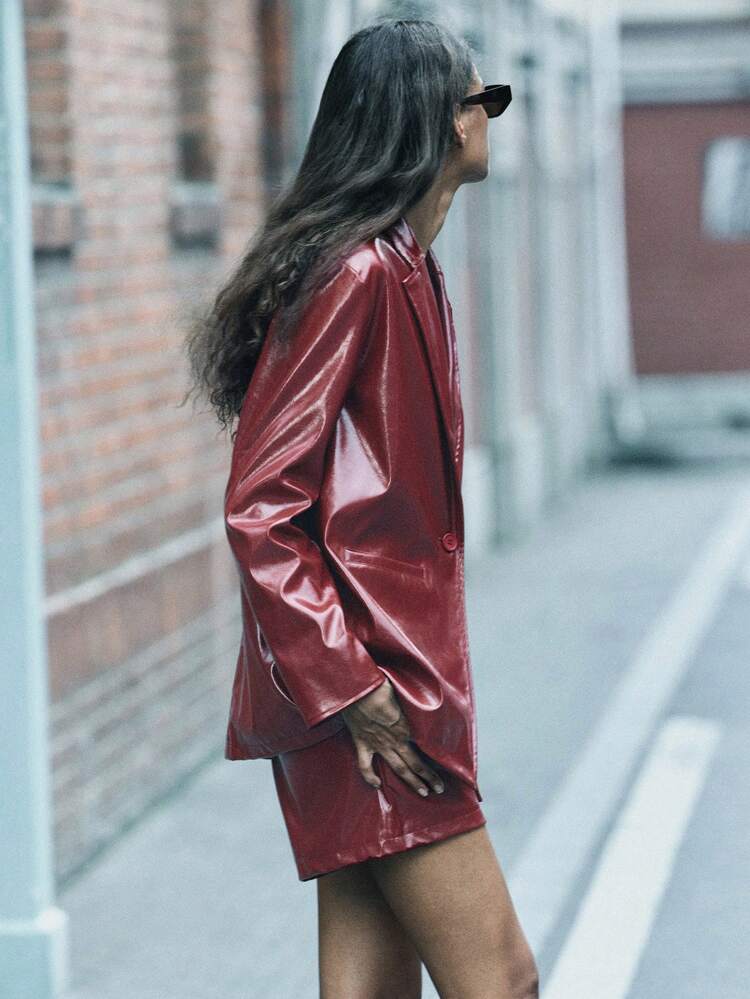 SHEIN Maija Women's Burgundy Leather Shiny Fashion Shorts For Fall