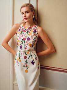 ZEYLAH FLORAL PRINT SPLIT BACK SLEEVELESS LONG DRESS WITHOUT BELT - White - View 6