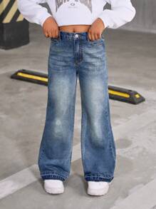 SHEIN 青春期女孩 Y2K 大胆校园精神必备全年百搭时尚单品，女孩休闲日常街头服饰复古风格喇叭舒适水洗牛仔裤