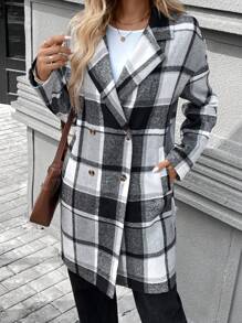 SHEIN LUNE Thick & Warm Plaid Printed Long Ladies Overcoat, Autumn Winter - Black and White - View 4