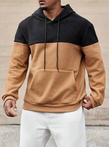 Manfinity Homme Plus Size Men's Autumn & Winter Colorblock Drawstring Hooded Sweatshirt With Pockets