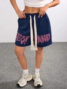 Muchica 女士街头风字母印花抽绳腰部运动短裤 - 藏蓝色 - 查看 3