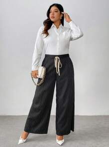 Calvaya Pantalones de traje a rayas con bolsillos anudados y talla grande