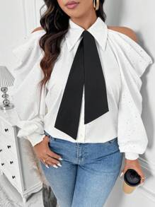 SHEIN LUNE 大码撞色镂空前扣优雅长袖衬衫