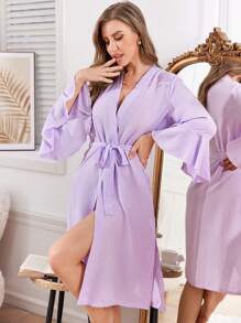 Women's Elegant Minimalist Solid Bell Sleeve Robe, Autumn - Purple - View 3