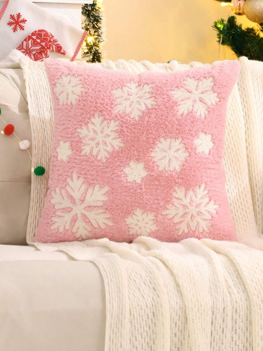 1pc Snowflake Embroidered Plush Cushion Cover, Christmas Decoration, Autumn/Winter - Pink - View 1