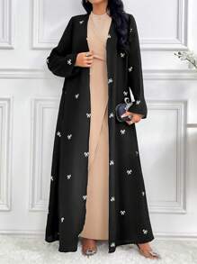 Al Najma Women's Elegant Long Sleeve Butterfly Print Modest Arabian Abaya Robe, For Travel/Holiday/Vacation/Parties - Black and White - View 3