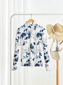 SHEIN LUNE Women's Floral Print V-Neck Casual Long Sleeve T-Shirt