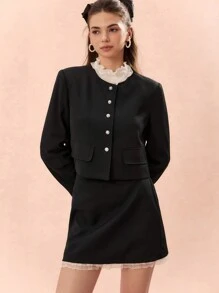 Enchnt Autumn Romantic Women's Black Cute Elegant Contrast Lace Flap Blazer And Pencil Skirt Suit Set,Two Pieces Outfits