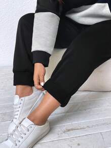 2 件套大码休闲拼色羊毛连帽衫和运动裤套装，秋冬 - 彩色 - 查看 6