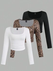 Sweetra Set de 3 blusas de manga larga de ajuste slim talla grande para mujer con estampado gráfico de leopardo, blusas para mujer en primavera