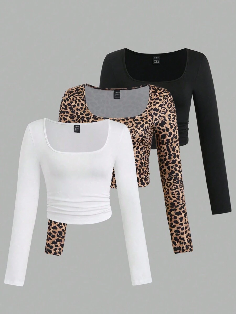Sweetra Set de 3 blusas de manga larga de ajuste slim talla grande para mujer con estampado gráfico de leopardo, blusas para mujer en primavera