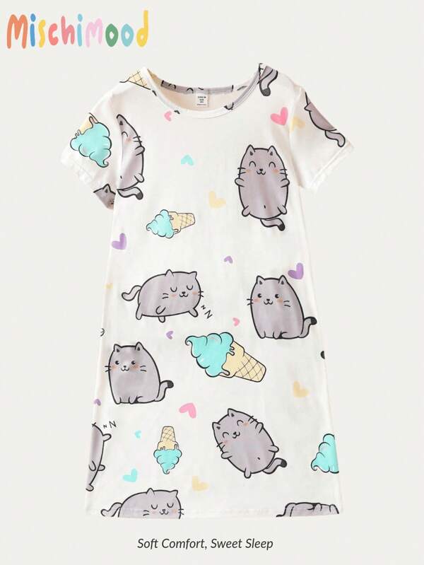 Tween Girls' Cute Cartoon Printed Short Sleeve Loose Sleep Dress, Homewear