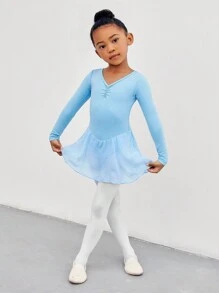 SHEIN 1 件年轻女孩时尚优雅芭蕾舞服套装，包括蓝色亮片网眼芭蕾舞裙和长袖紧身衣