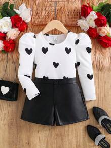 SHEIN 2pcs Young Girl Heart Pattern Knit Gigot Sleeve Top And Woven Solid PU Leather Shorts Set - Black and White - View 3