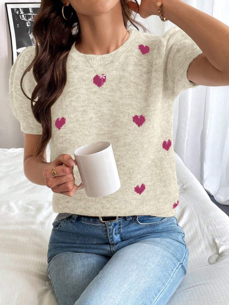 Pariaura 女士休闲心形印花圆领短袖针织上衣 - 黃色 - 查看 1