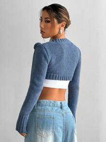 SHEIN Unity Áo len cardigan ngắn tay dài thường ngày họa tiết hoa cho nữ, mùa thu - Màu xanh bụi bặm - Xem 2