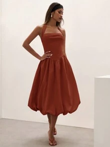 COSMINA Woman's Solid Color Neck Halter Pleated Casual Mid-Length Dress - Burgundy - View 4